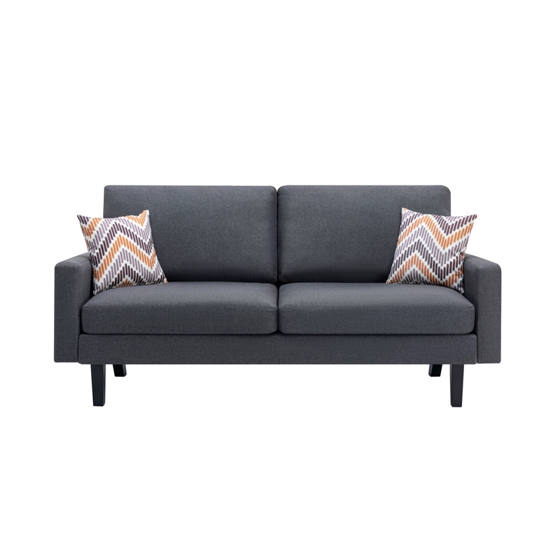Pemberly Row Linen Fabric Sofa with Square Arms/2 Throw Pillows in Dark Gray