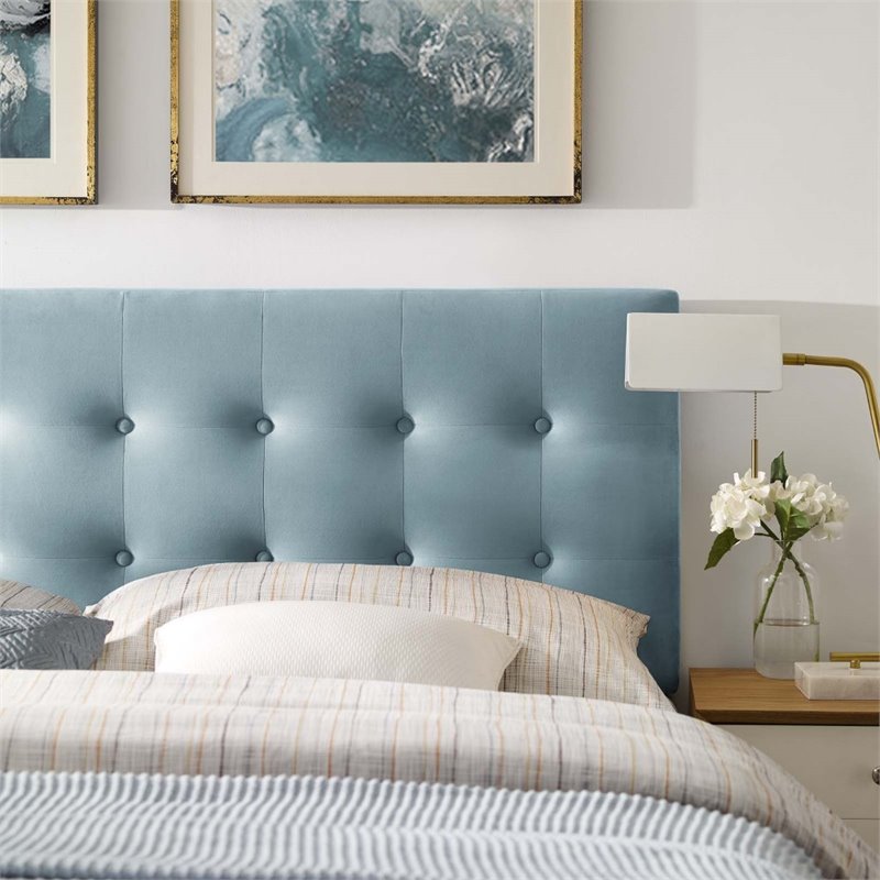 Pemberly Row Modern Fabric Biscuit Tufted Velvet King Headboard in Light Blue