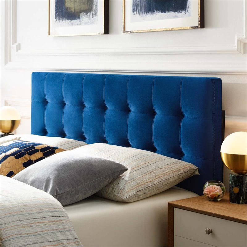 Pemberly Row Modern Fabric Blue Biscuit Tufted Velvet Queen Headboard