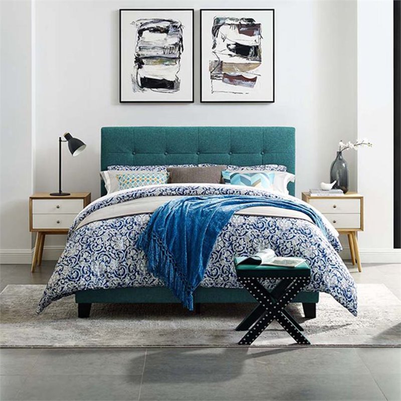 Pemberly Row Modern Upholstered Tufted Full Panel Bed in Blue
