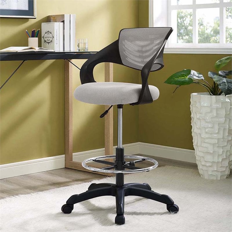 Pemberly Row Modern Vinyl Mesh Ergonomic Adjustable Swivel Drafting Stool - Gray