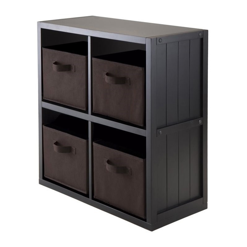 Pemberly Row 5-Piece Modern Wood Storage Cabinet with 4 Baskets in Black