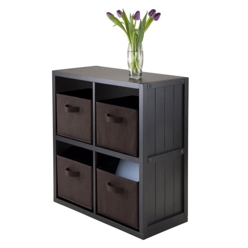 Pemberly Row 5-Piece Modern Wood Storage Cabinet with 4 Baskets in Black