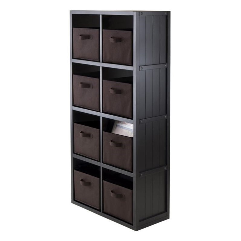 Pemberly Row 9-Piece Modern Wood Storage Cabinet with 8 Baskets in Black