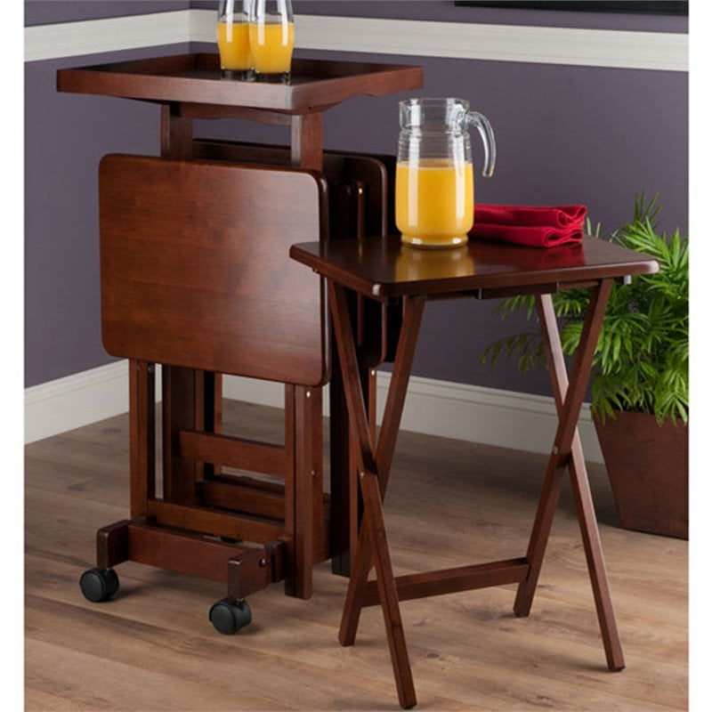Pemberly Row 6-Piece Transitional Solid Wood Snack Table Set in Walnut