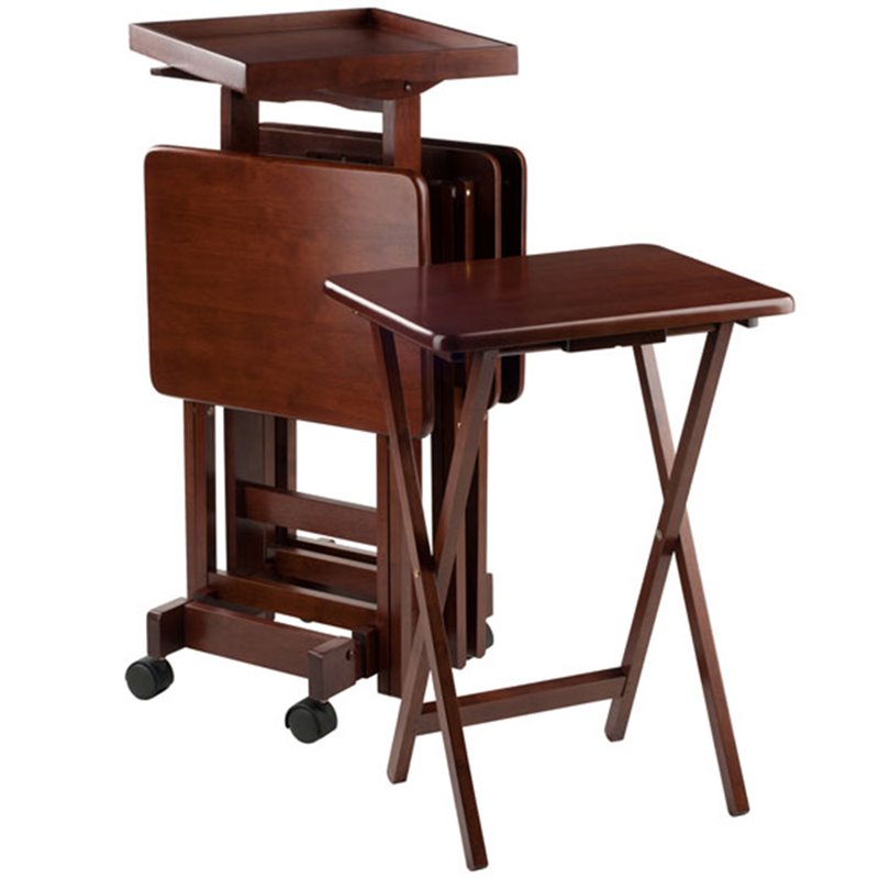 Pemberly Row 6-Piece Transitional Solid Wood Snack Table Set in Walnut