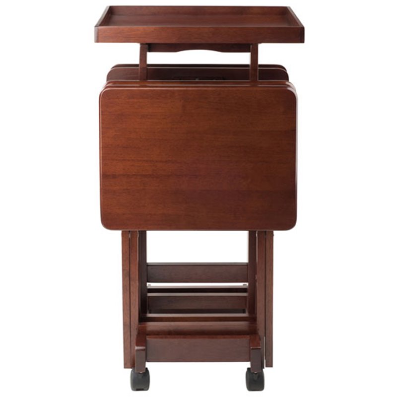 Pemberly Row 6-Piece Transitional Solid Wood Snack Table Set in Walnut