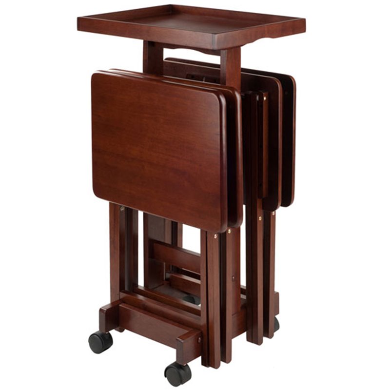 Pemberly Row 6-Piece Transitional Solid Wood Snack Table Set in Walnut