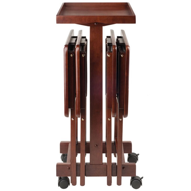 Pemberly Row 6-Piece Transitional Solid Wood Snack Table Set in Walnut