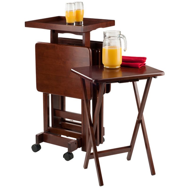 Pemberly Row 6-Piece Transitional Solid Wood Snack Table Set in Walnut
