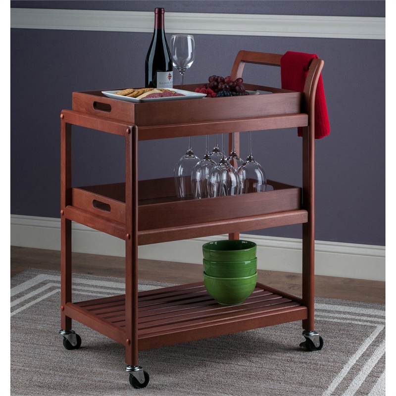 Pemberly Row Transitional Solid Wood Serving Bar Cart in Walnut