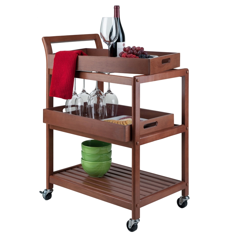 Pemberly Row Transitional Solid Wood Serving Bar Cart in Walnut