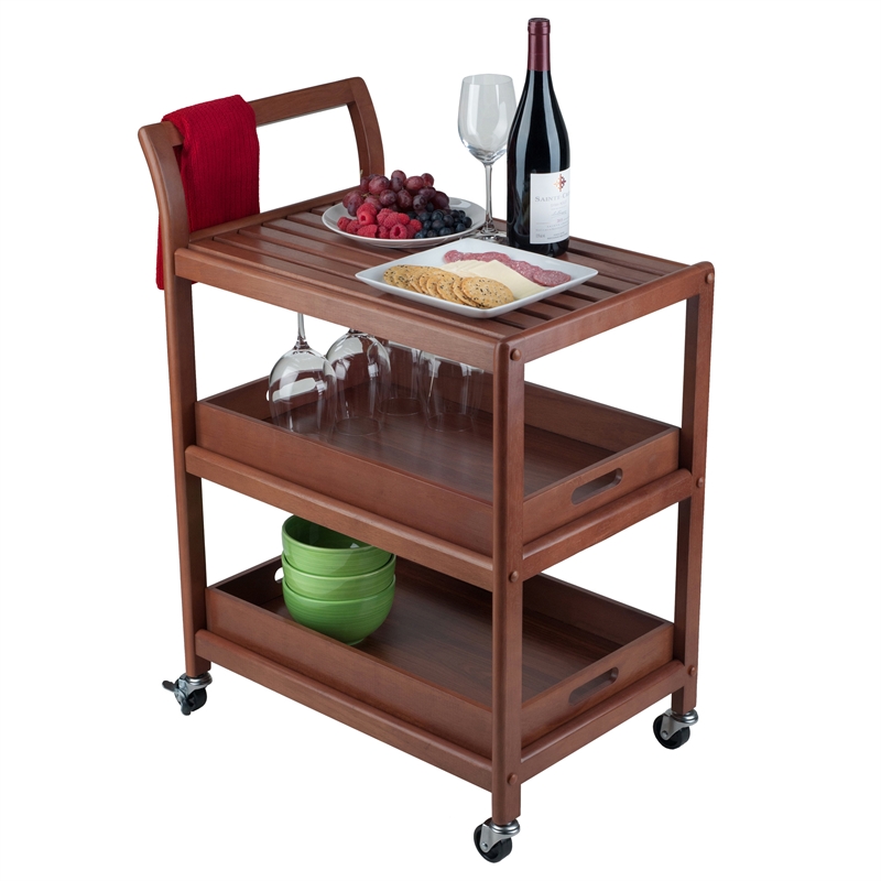 Pemberly Row Transitional Solid Wood Serving Bar Cart in Walnut