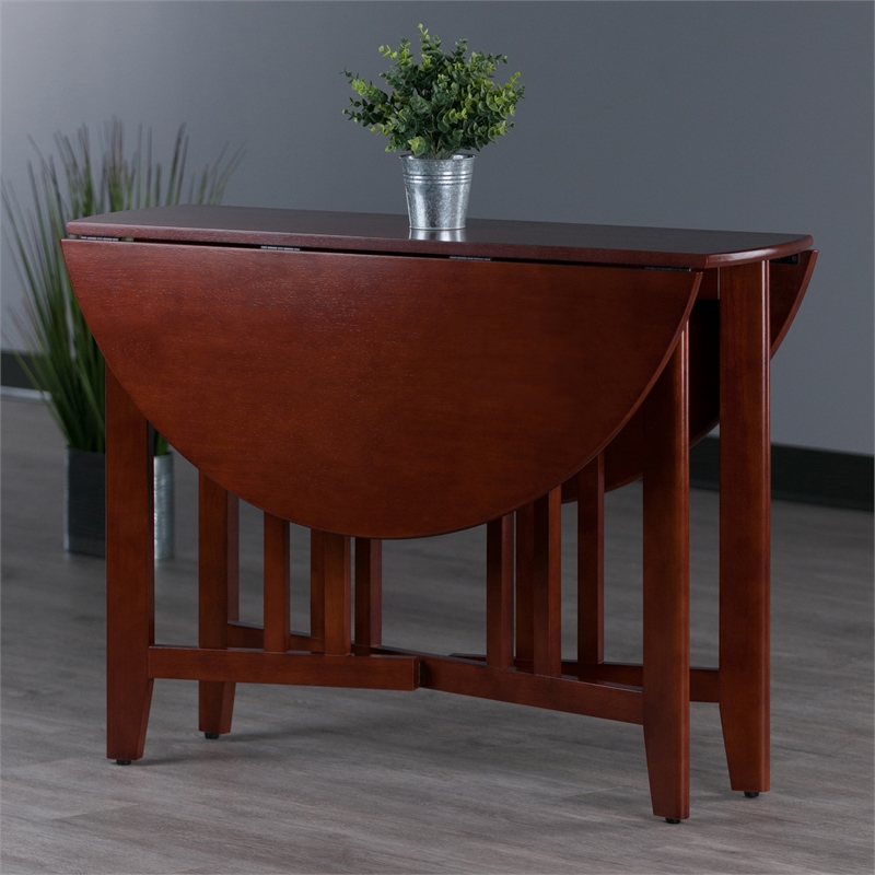 Pemberly Row Round Double Drop Leaf Solid Wood Dining Table in Antique Walnut