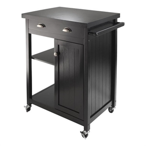 Pemberly Row Transitional Solid Wood Kitchen Cart with Wainscot Panel in Black