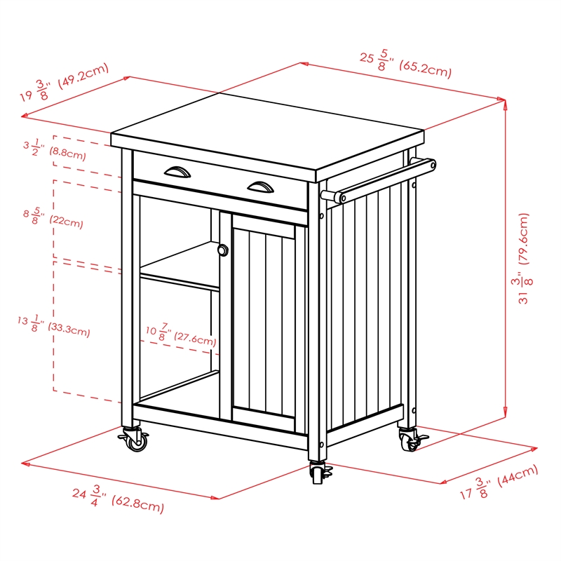 Pemberly Row Transitional Solid Wood Kitchen Cart with Wainscot Panel in Black