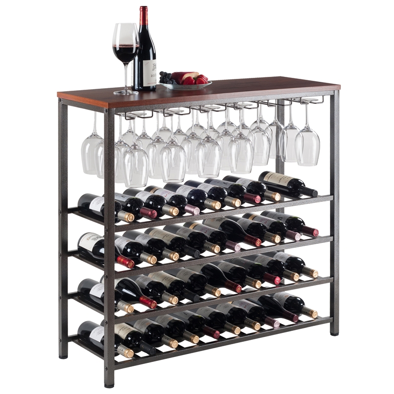 Pemberly Row Transitional Metal/Wood Wine Rack in Antique Bronze/Walnut