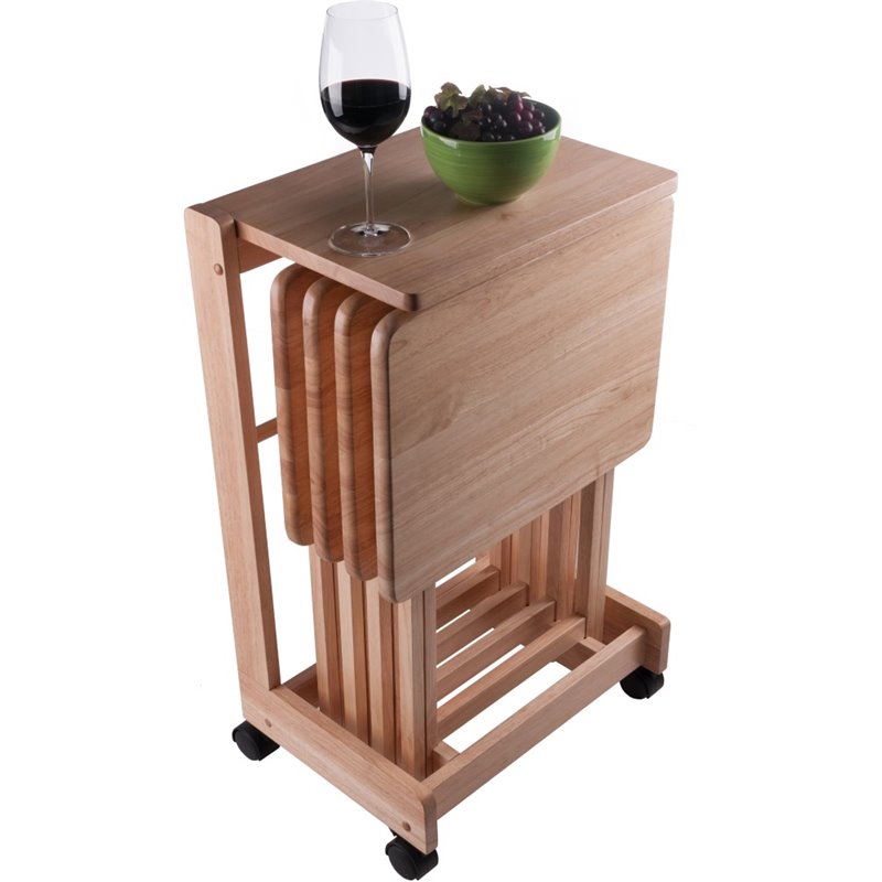 Pemberly Row 5-Piece Transitional Solid Wood Flip Top Snack Table Set in Natural