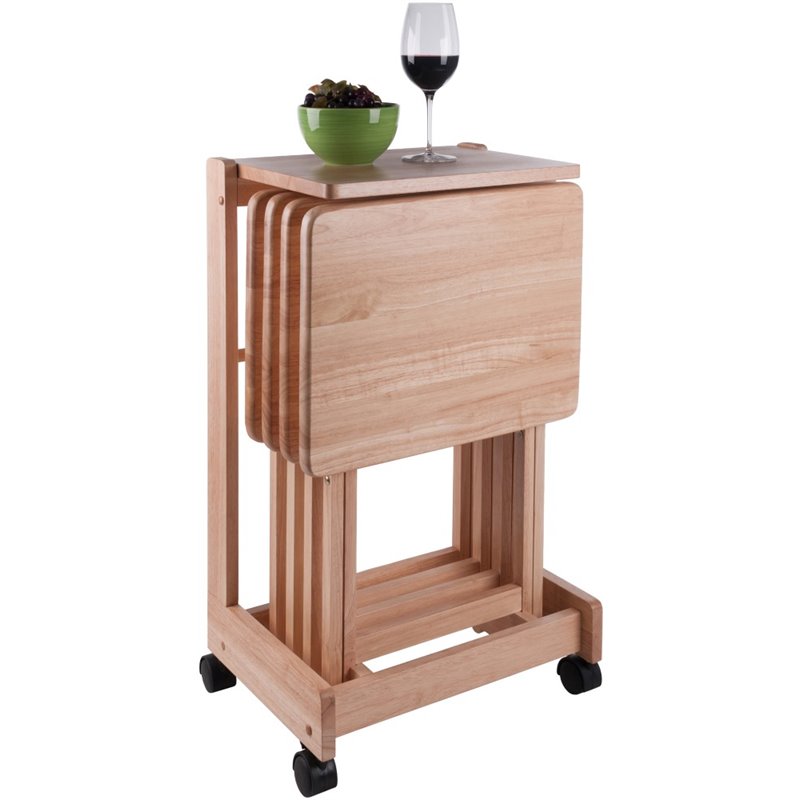 Pemberly Row 5-Piece Transitional Solid Wood Flip Top Snack Table Set in Natural