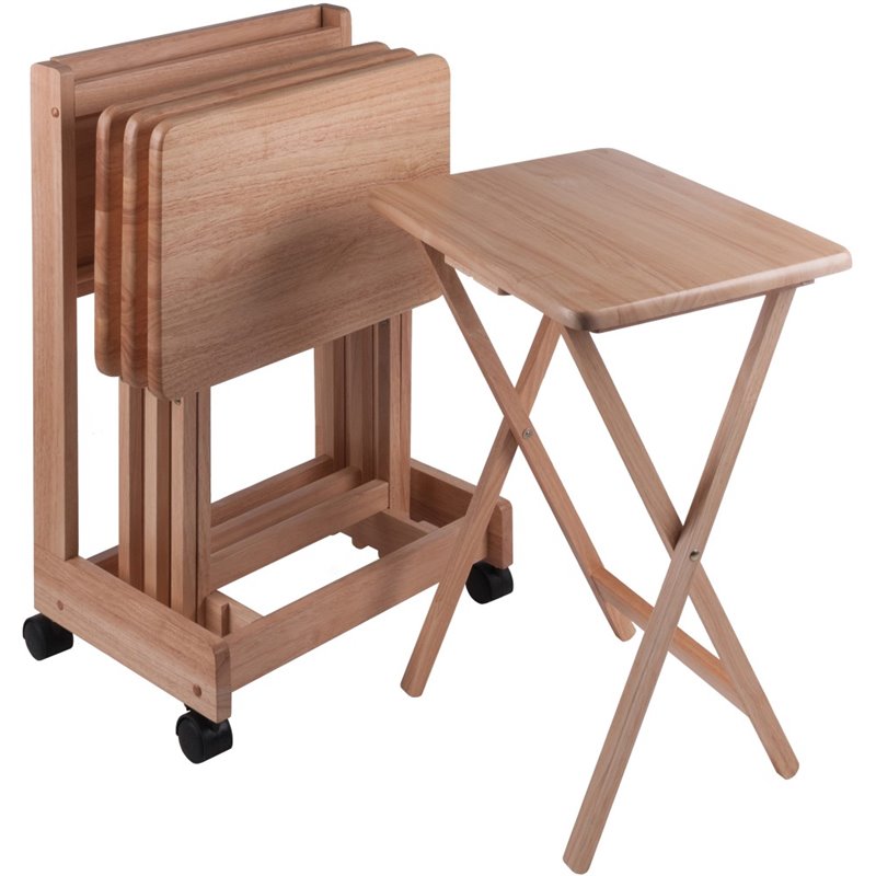 Pemberly Row 5-Piece Transitional Solid Wood Flip Top Snack Table Set in Natural