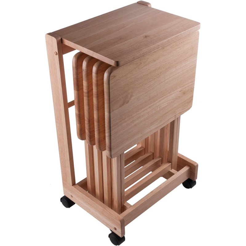 Pemberly Row 5-Piece Transitional Solid Wood Flip Top Snack Table Set in Natural