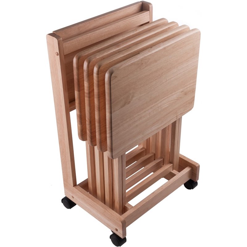 Pemberly Row 5-Piece Transitional Solid Wood Flip Top Snack Table Set in Natural