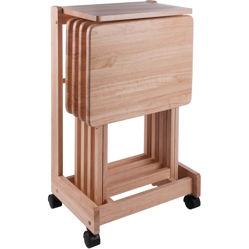 Pemberly Row 5-Piece Transitional Solid Wood Flip Top Snack Table Set in Natural