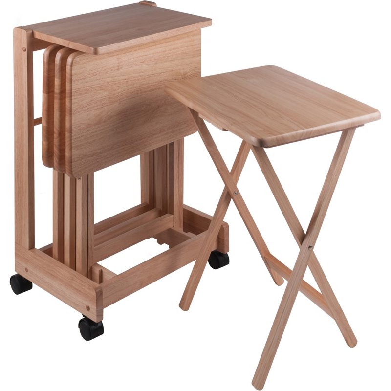 Pemberly Row 5-Piece Transitional Solid Wood Flip Top Snack Table Set in Natural