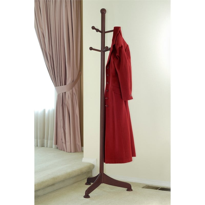 Pemberly Row 6 Pegs Transitional Solid Wood Standing Coat Rack in Walnut