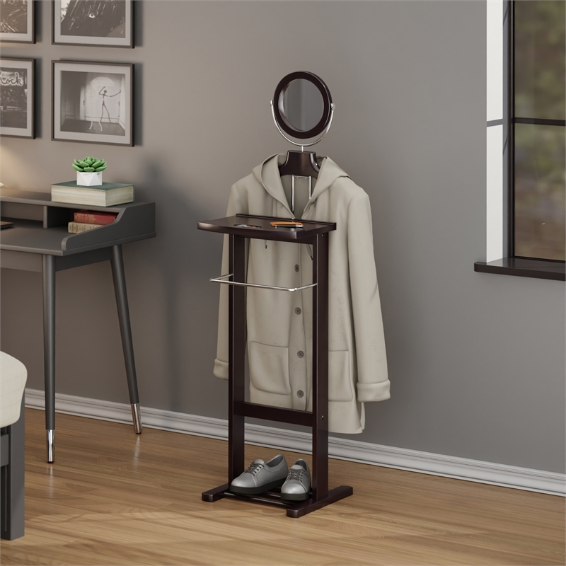 Pemberly Row Transitional Solid Wood Valet Stand with Mirror in Espresso