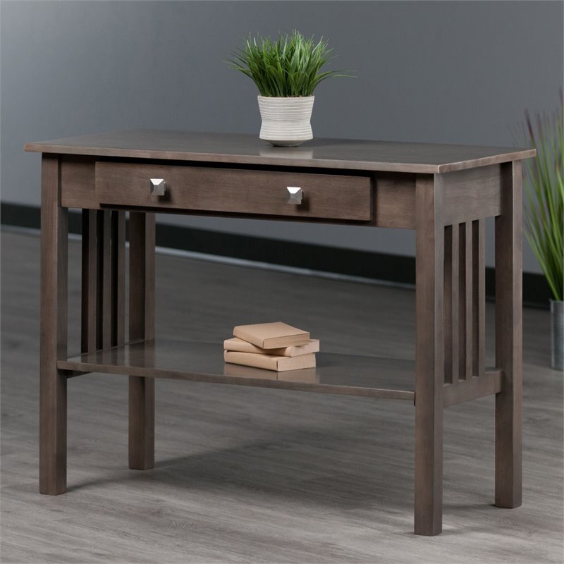 Pemberly Row Transitional Solid Wood Storage Console Table in Oyster Gray
