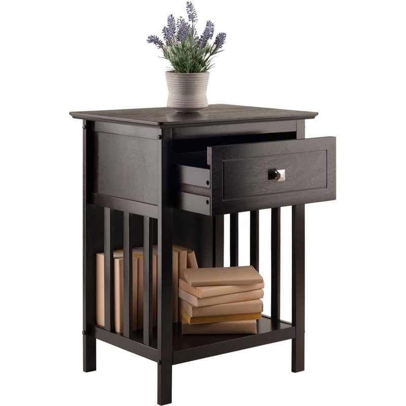 Pemberly Row 1-Drawer Transitional Solid Wood Storage End Table in Coffee