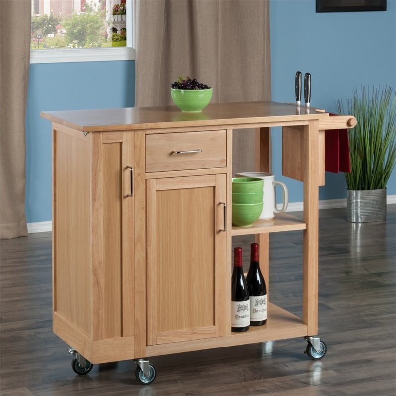 Pemberly Row Swing Door Transitional Solid Wood Kitchen Cart in Natural