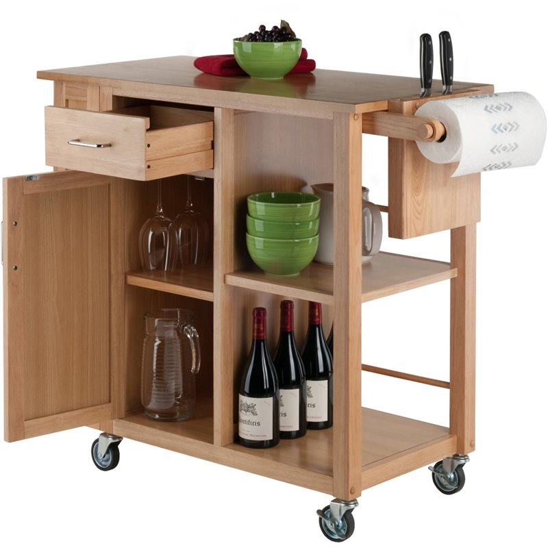 Pemberly Row Swing Door Transitional Solid Wood Kitchen Cart in Natural