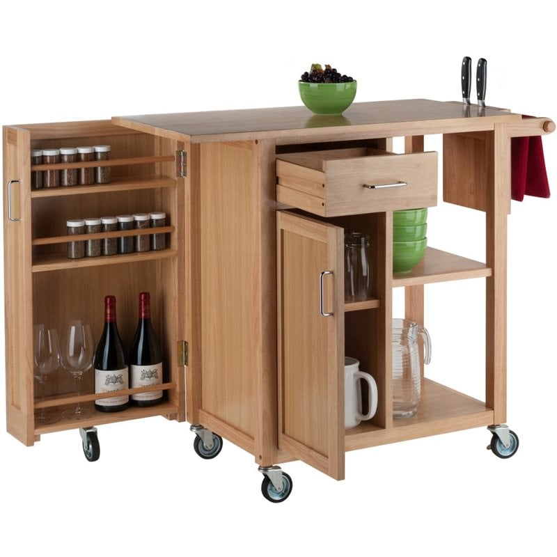 Pemberly Row Swing Door Transitional Solid Wood Kitchen Cart in Natural