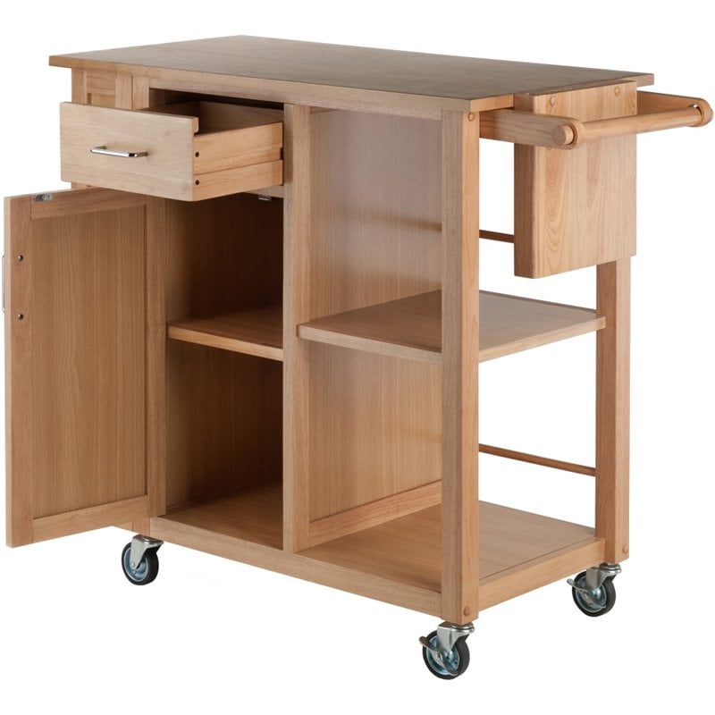 Pemberly Row Swing Door Transitional Solid Wood Kitchen Cart in Natural