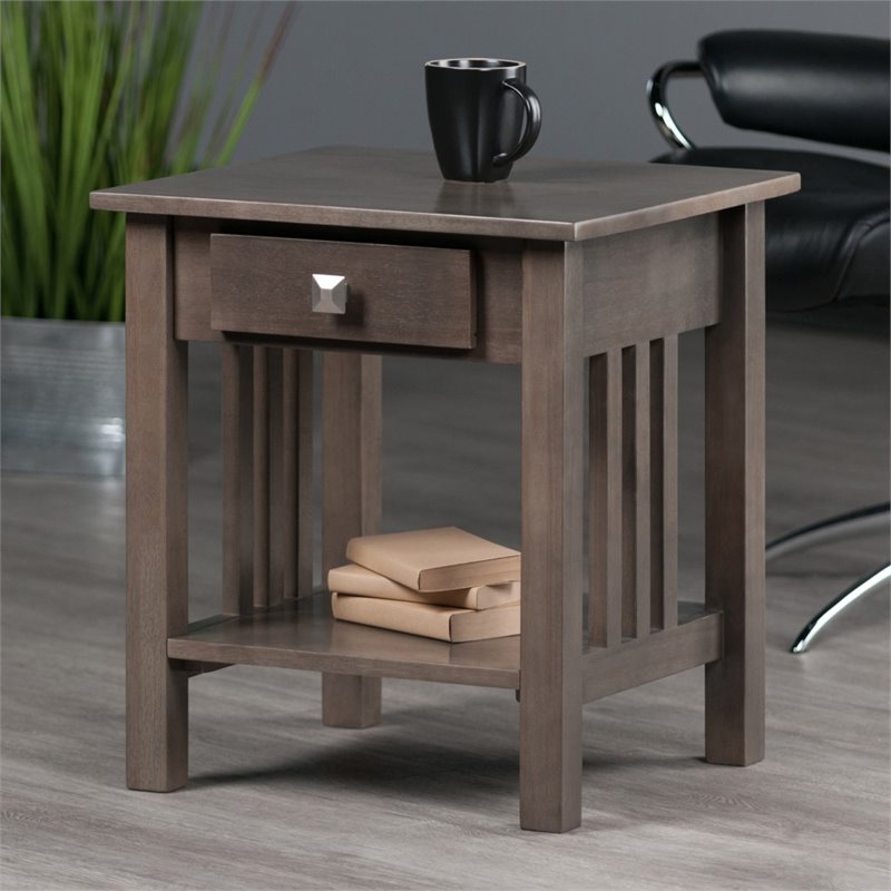 Pemberly Row Transitional Solid Wood Storage End Table in Oyster Gray