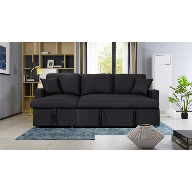 Pemberly Row Black Fabric Reversible Sleeper Sectional Sofa w/ Storage Chaise