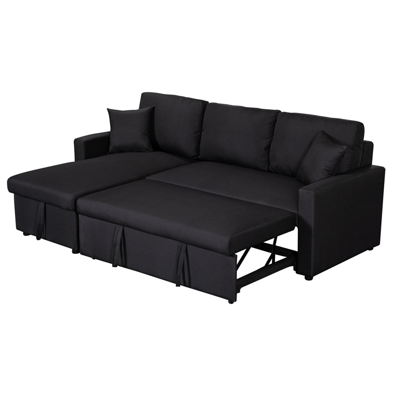 Pemberly Row Black Fabric Reversible Sleeper Sectional Sofa w/ Storage Chaise