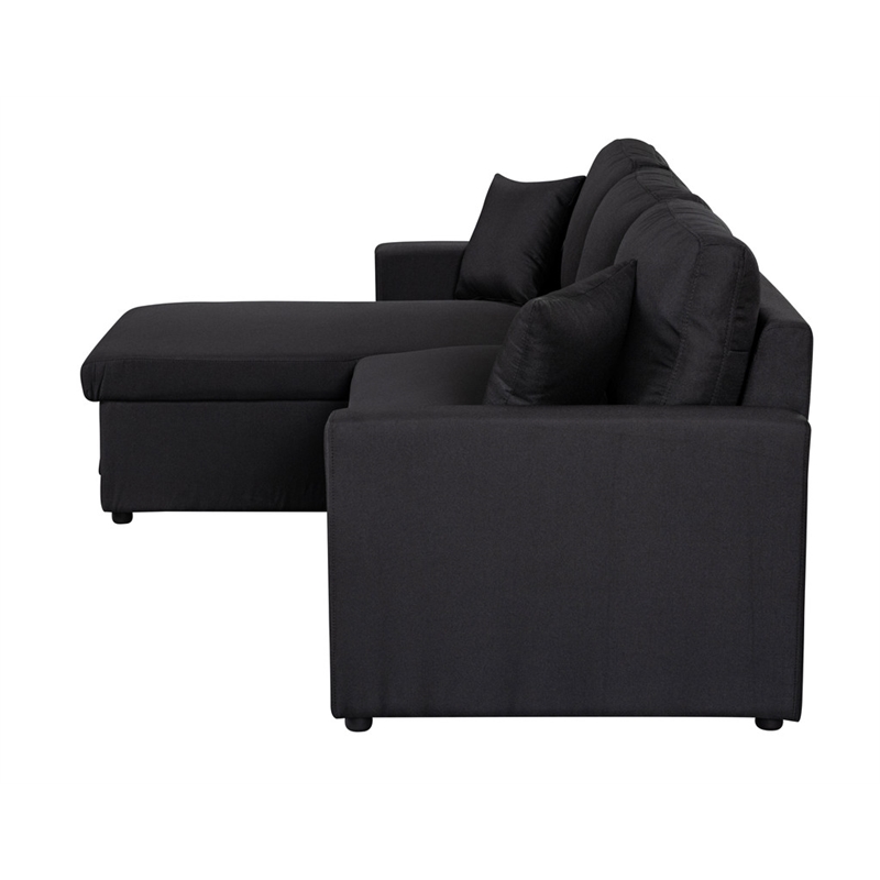 Pemberly Row Black Fabric Reversible Sleeper Sectional Sofa w/ Storage Chaise