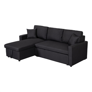 Pemberly Row Black Fabric Reversible Sleeper Sectional Sofa w/ Storage Chaise