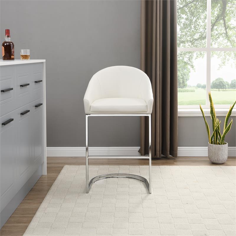Pemberly Row Transitional Metal 26 In Upholstered Counter Stool in White/Chrome