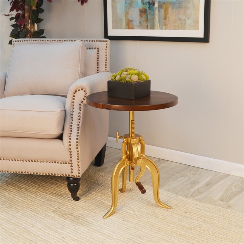 Pemberly Row Transitional Adjustable Crank Wood Accent Table in Elm and Gold