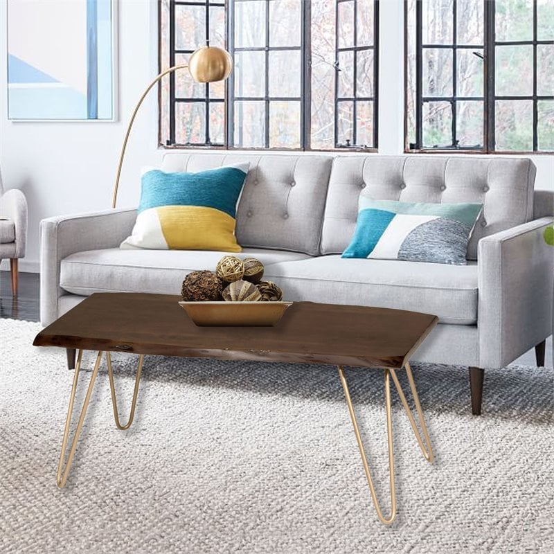 Pemberly Row Mid Century Wood Top Espresso Live Edge Coffee Table and Bench