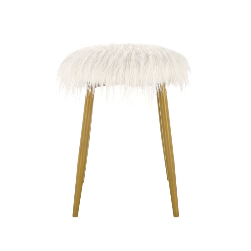 Pemberly Row Transitional Faux Fur and Metal Ottoman in White Fur and Gold