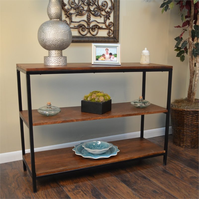 Pemberly Row Modern Rectangle Metal Frame Console Table in Rich Chestnut