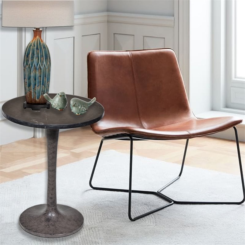 Pemberly Row Mid-Century Marble Top Accent Table in Black and Industrial