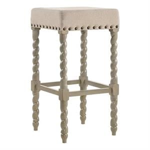 Pemberly Row Retro Solid Wood 30&quot Bar Stool in Weathered Gray and Linen