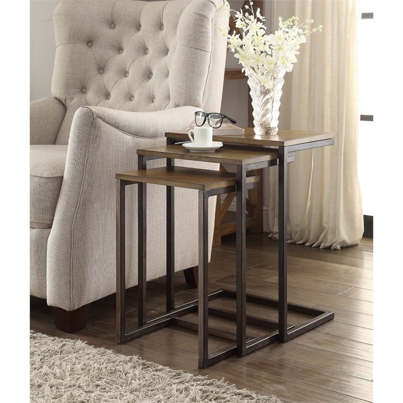 Pemberly Row Modern Metal Nesting Table in Harvest Oak and Aged Iron