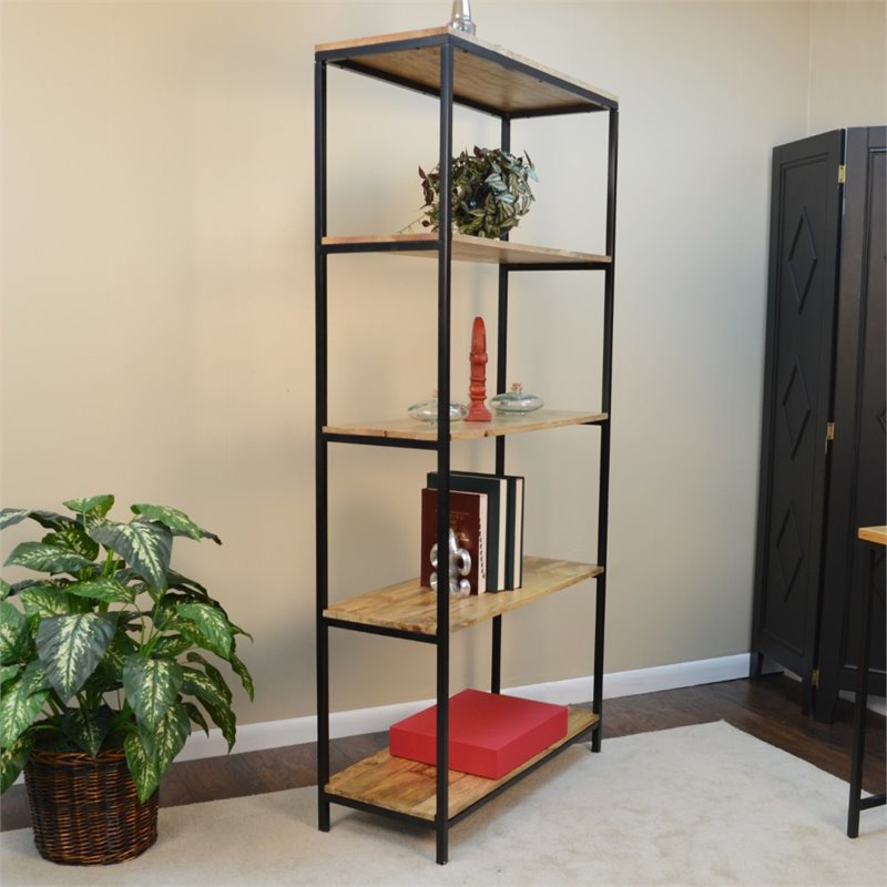 Pemberly Row Modern Metal Tall Bookcase in Natural Mango and Black